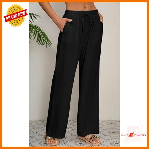 Cotton Linen Palazzo Pants Wide Leg Elastic Waist Drawstring Casual Lounge - Picture 4 of 7